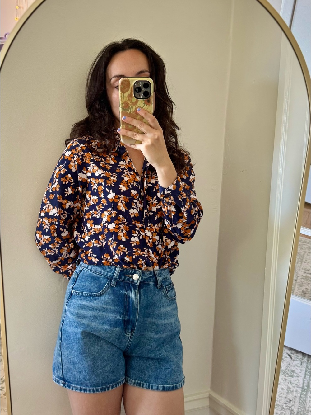 Fall Colors Floral Button-Down Blouse - Navy Orange Foliage Colorful Statement